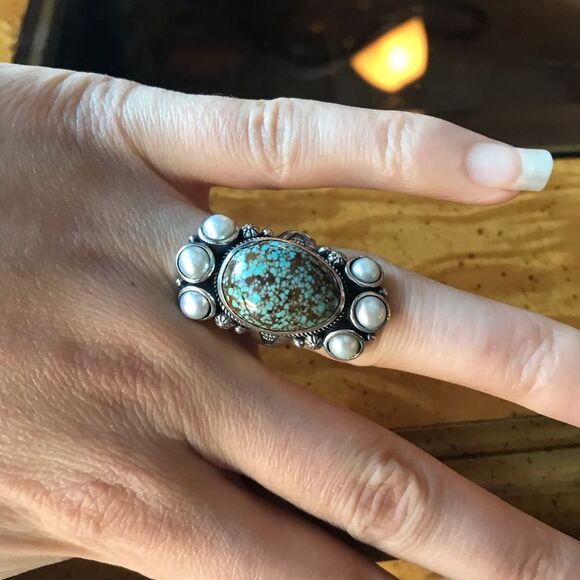 Royston Blue Horizon Turquoise White Pearl Cocktail Ring Size 6 - Picture 2 of 10